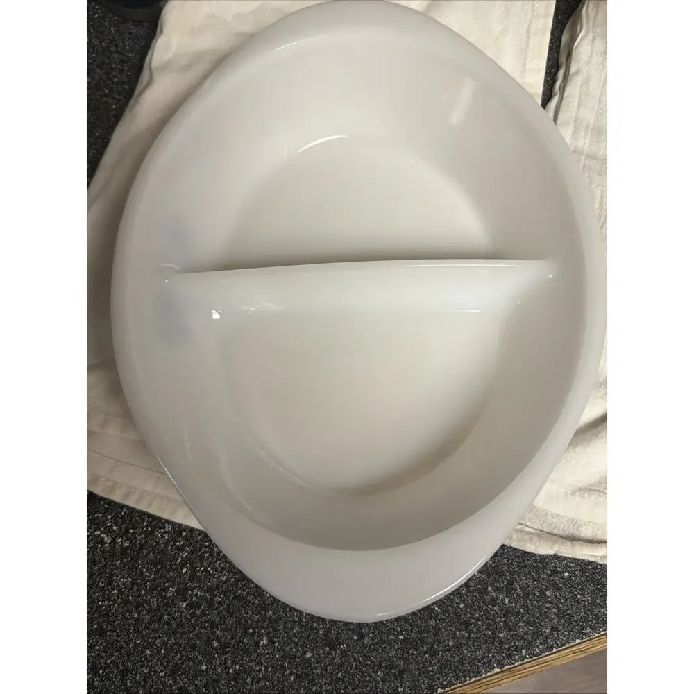 Vintage Glassbake Divided Oval Casserole Dish White Blue Floral 12x8 in #j2352